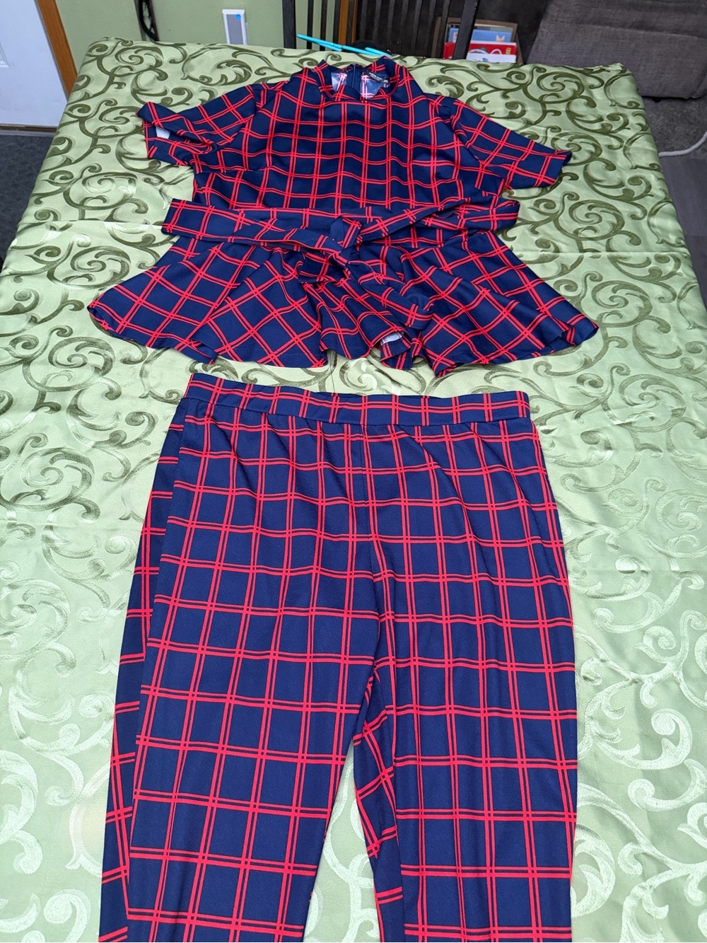 Women’s Navy and Red Plaid Peplum top Set - Fashion Nova